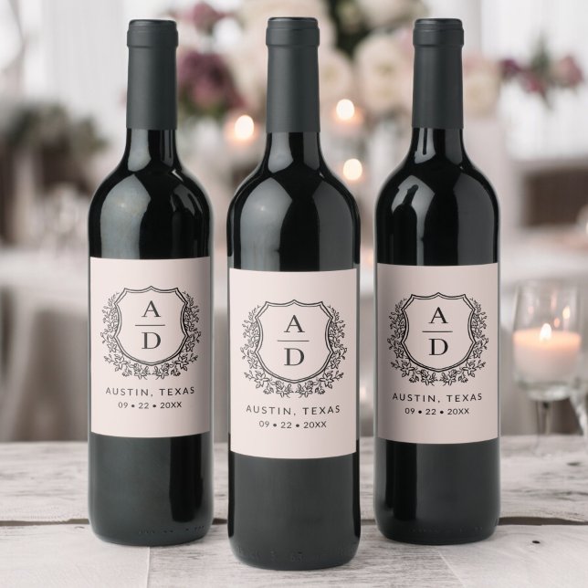 Blush Pink Monogram Wedding Floral Crest Wine Label (Creator Uploaded)