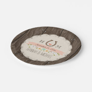 Blush Pink Monogrammed Horseshoe Heart Wedding Paper Plate