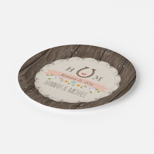 Blush Pink Monogrammed Horseshoe Heart Wedding Paper Plate (Angled)