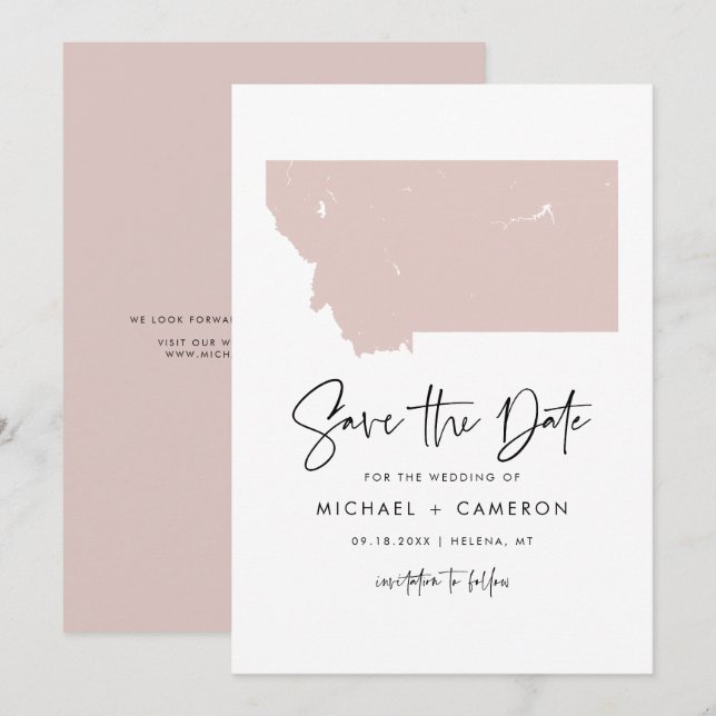 Blush Pink Montana Map Minimalist Script Wedding Save The Date (Front/Back)
