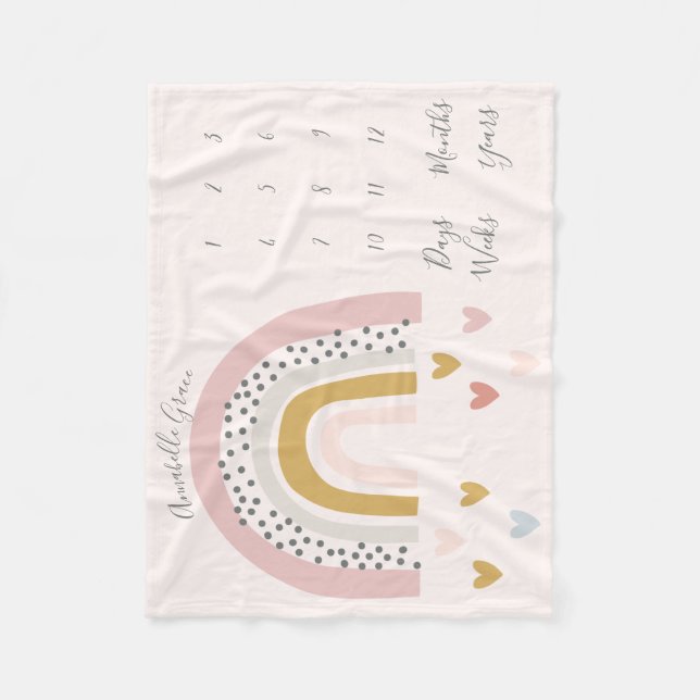 Blush Pink Muted Rainbow Monthly Baby Milestone Fleece Blanket (Front)