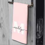 Blush Pink Name Monogram Tea Towel<br><div class="desc">Personalised Custom Blush Pink Initial Name Monogram Kitchen Towel. Add a touch of elegance to your kitchen with this chic monogrammed towel. Designed for a tri-fold style, it features a soft pink background, a white bold initial, and a flowing black script name, offering a personalised and sophisticated look. Perfect for...</div>