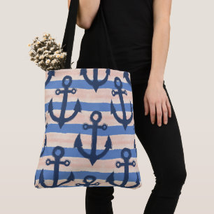 Blush Pink Navy Anchor Nautical Coastal Tote Bag