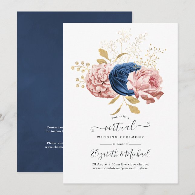 Blush Pink, Navy and Gold Floral Virtual Wedding Invitation (Front/Back)