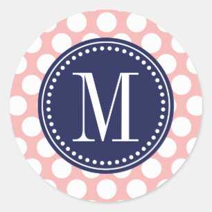 Blush Pink & Navy Big Polka Dots Monogrammed Classic Round Sticker
