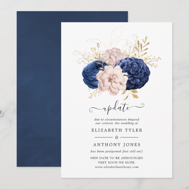 Blush Pink, Navy Blue and Gold Wedding Update Invitation (Front/Back)