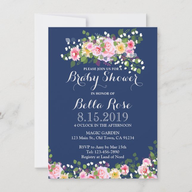 Blush Pink Navy Blue  Baby Shower Invitations (Front)