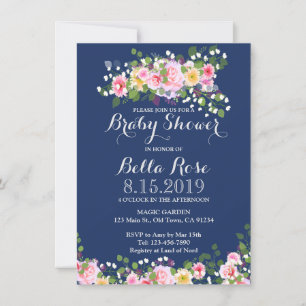 Blush Pink Navy Blue Baby Shower Invitations