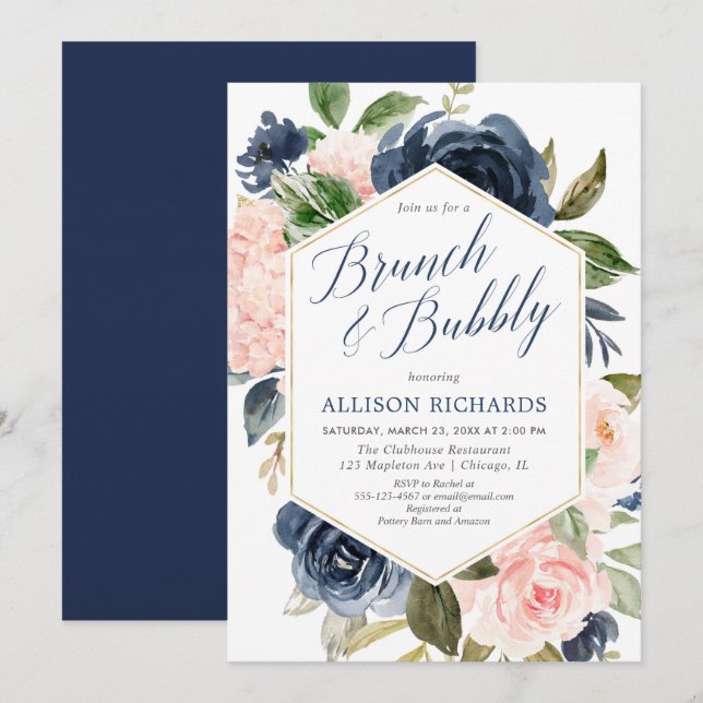 Blush pink navy blue brunch bubbly bridal shower invitation (Front/Back)