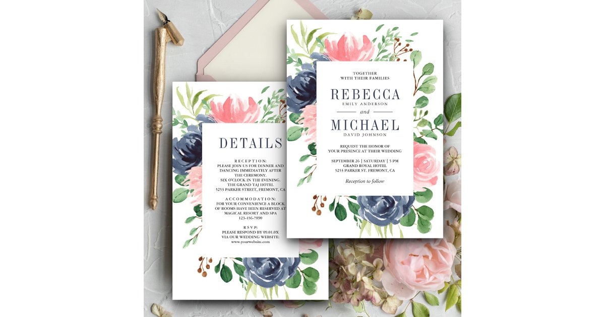 Blush Pink Navy Blue Floral All in One Wedding Invitation | Zazzle