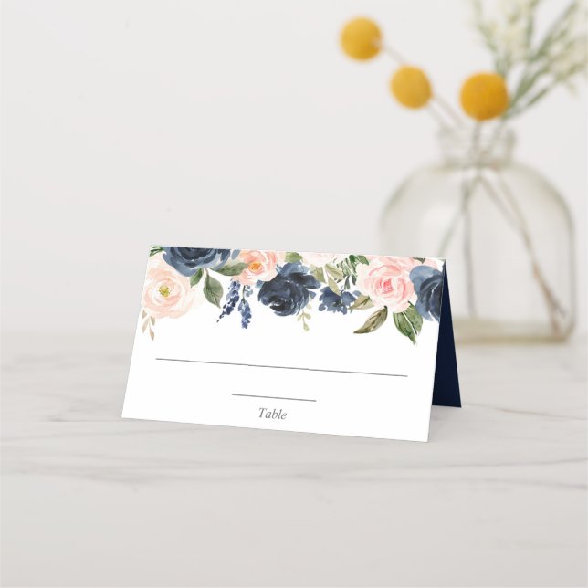 Blush pink navy blue floral elegant place card (Front)