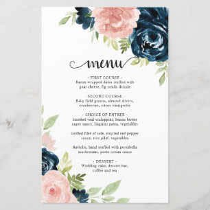 Blush Pink Navy Blue Floral Elegant Wedding Menu