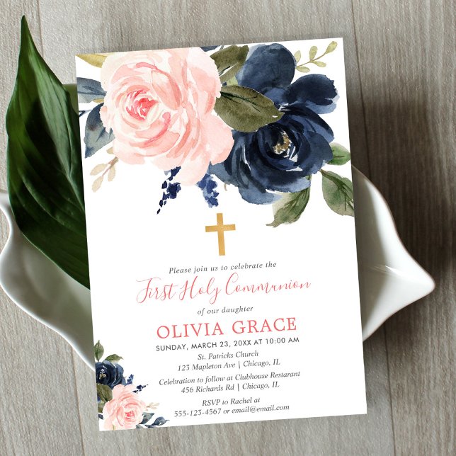 Blush pink navy blue floral first holy communion invitation (Creator Uploaded)