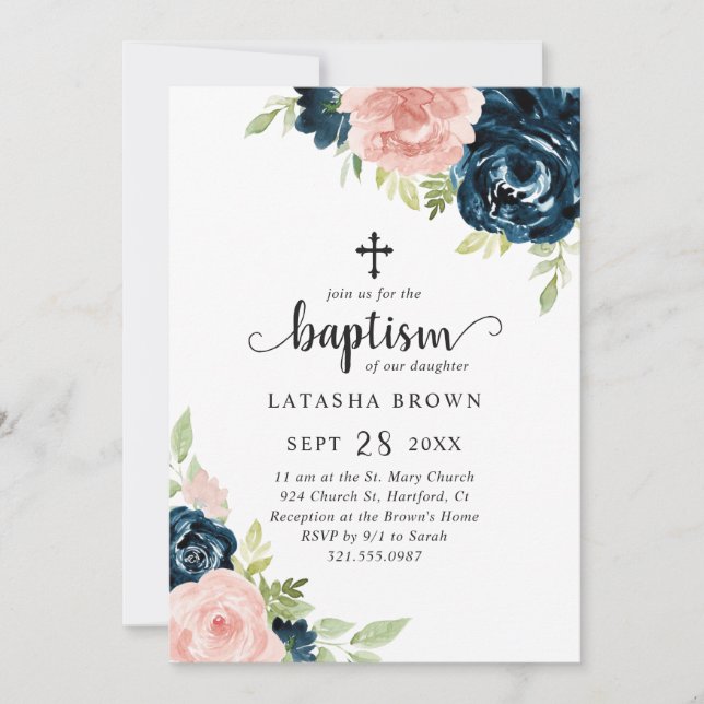 Blush Pink Navy Blue Floral Girl Baptism Invitation (Front)