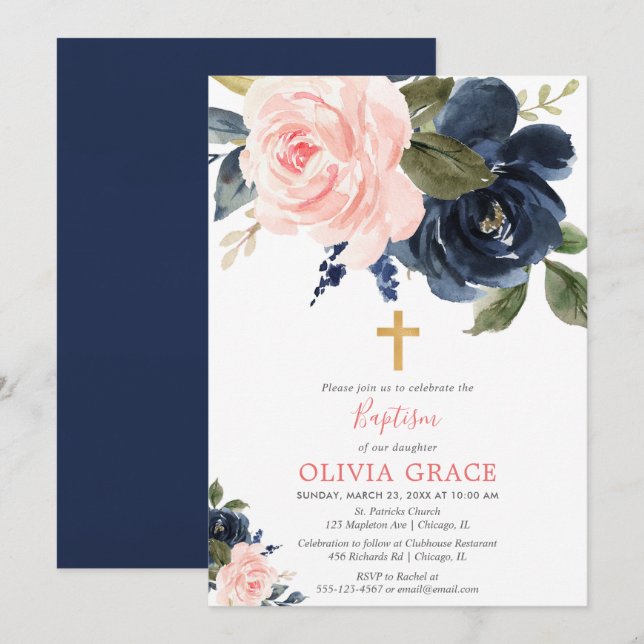 Blush pink navy blue floral girl baptism invitation (Front/Back)