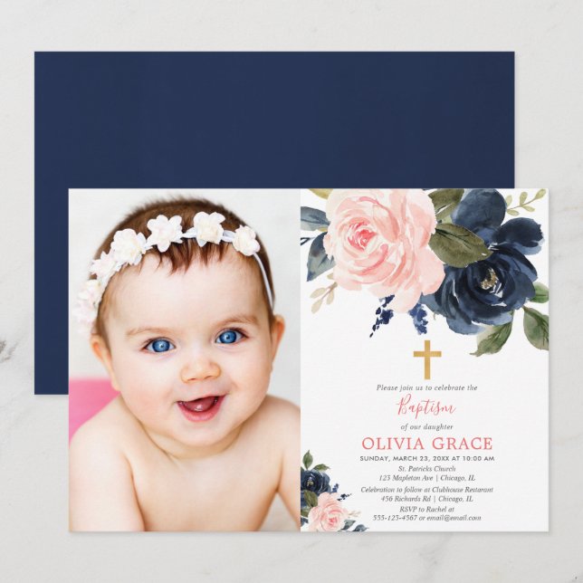Blush pink navy blue floral girl baptism photo invitation (Front/Back)
