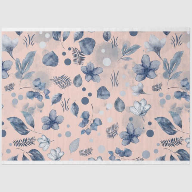 Blush Pink Navy Blue Floral Pattern Tissue Paper (Front)