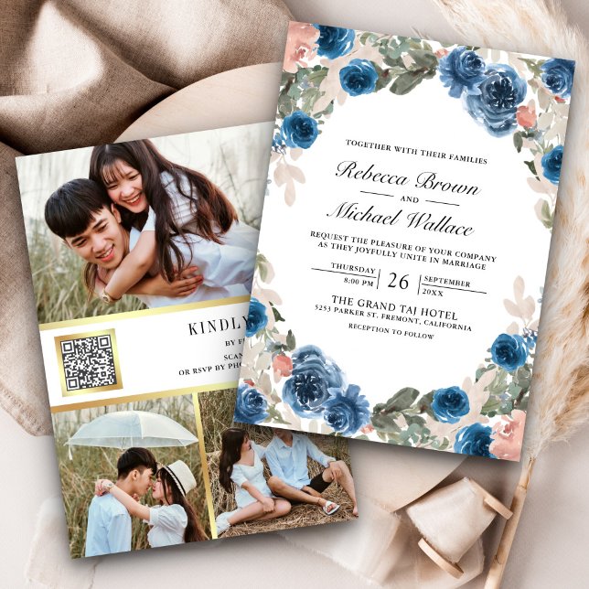 Blush Pink Navy Blue Floral Photo QR Code Wedding Invitation (Creator Uploaded)