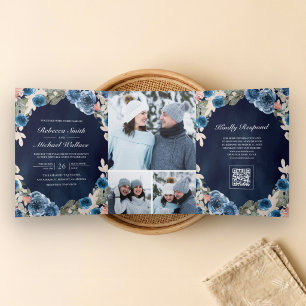 Blush Pink Navy Blue Floral Photo QR Code Wedding Tri-Fold Invitation