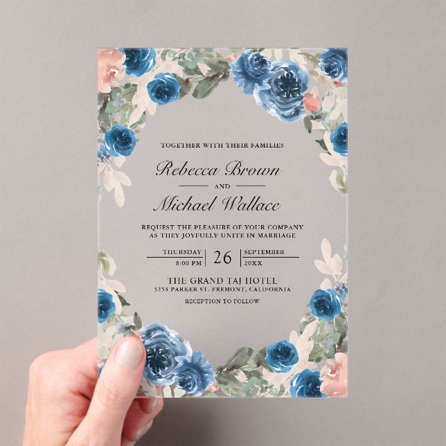 Blush Pink Navy Blue Floral Wedding Acrylic Invitations (Insitu (Handheld))