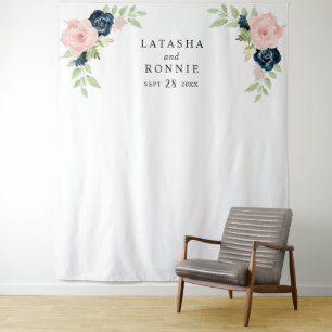 Blush Pink Navy Blue Floral Wedding Backdrop Tapestry