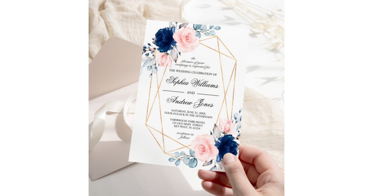 Blush Pink & Navy Blue Floral Wedding Invitation | Zazzle