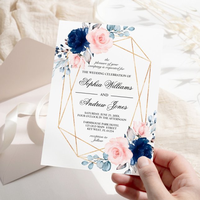 Blush Pink & Navy Blue Floral Wedding Invitation (Creator Uploaded)