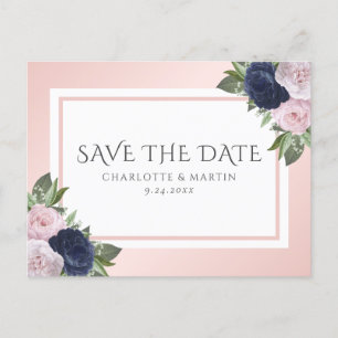 Blush Pink Navy Blue Floral Wedding Save The Date Announcement Postcard