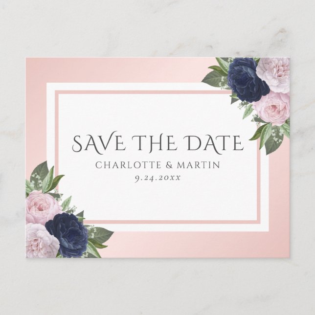 Blush Pink Navy Blue Floral Wedding Save The Date Announcement Postcard (Front)