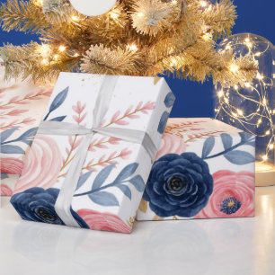 Blush Pink & Navy Blue Floral  Wrapping Paper
