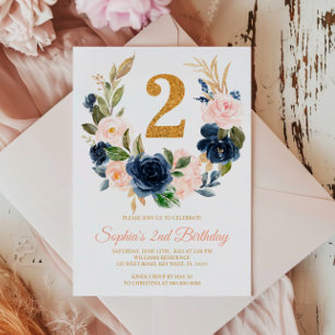 Blush Pink & Navy Blue Floral Wreath 2nd Birthday Invitation