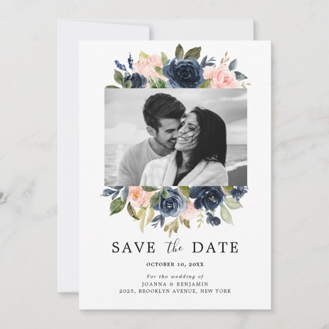 Blush Pink Navy Blue Florals Wedding Photo Save The Date (Front)