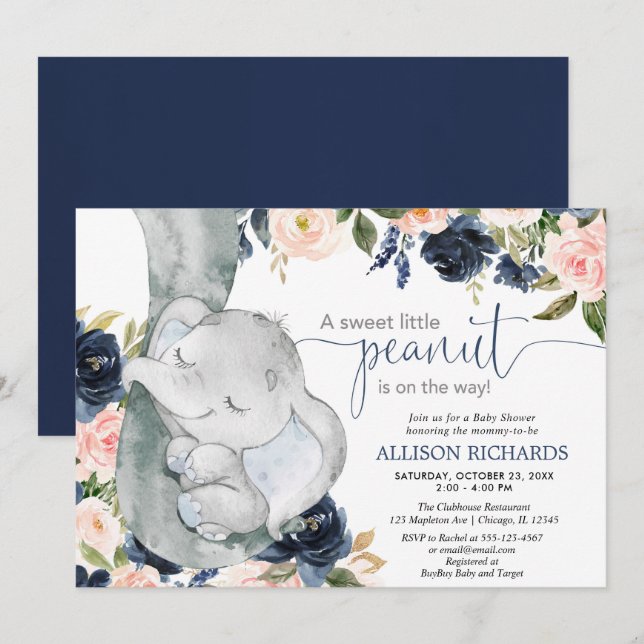 Blush pink navy blue gender neutral elephant baby invitation (Front/Back)