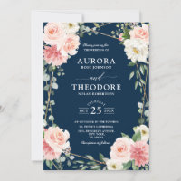 Blush Pink Navy Blue Geometric Botanical Wedding