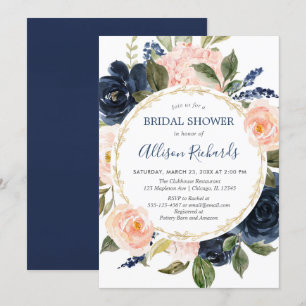 Blush pink navy blue gold elegant bridal shower invitation