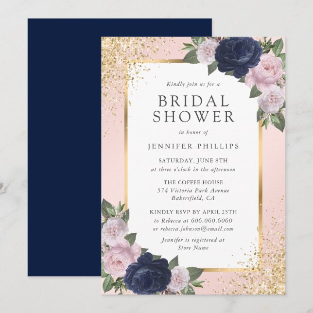 Blush Pink Navy Blue Gold Floral Bridal Shower Invitation (Front/Back)