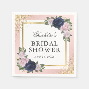 Blush Pink Navy Blue Gold Floral Bridal Shower Napkin