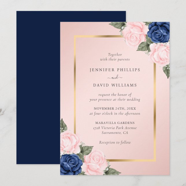 Blush Pink Navy Blue Gold Floral Wedding Invitation (Front/Back)