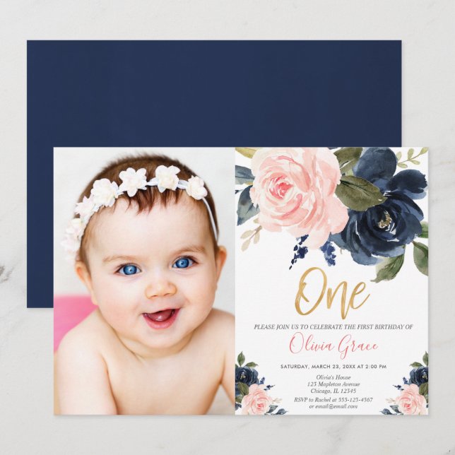 Blush pink navy blue gold girl 1st birthday photo invitation (Front/Back)
