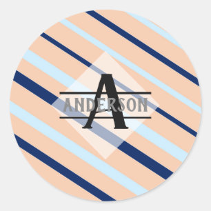 Blush Pink Navy Blue Monogram Classic Round Sticker