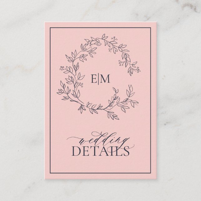 Blush Pink Navy Blue Monogram Wedding Details Enclosure Card (Front)