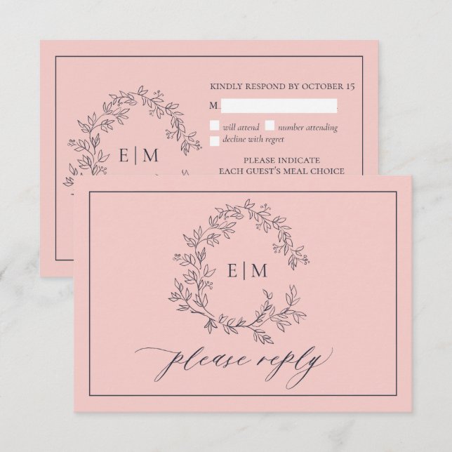 Blush Pink Navy Blue Monogram Wedding RSVP Card (Front/Back)