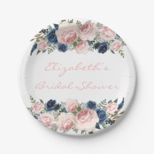 Blush Pink Navy Blue Peony Wedding Paper Plate