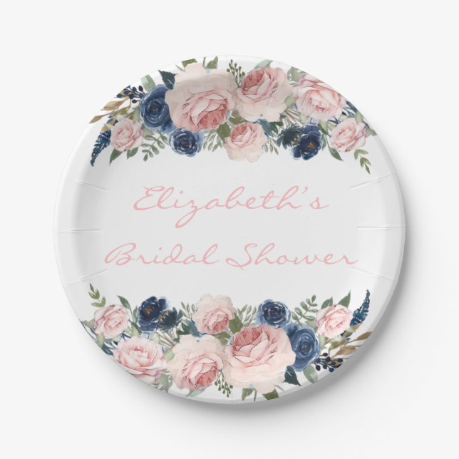 Blush Pink Navy Blue Peony Wedding Paper Plate (Front)