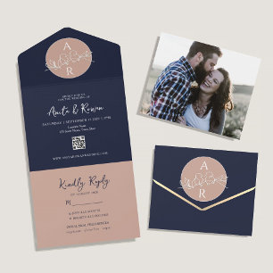 Blush Pink Navy Blue QR Photo Wedding All In One Invitation