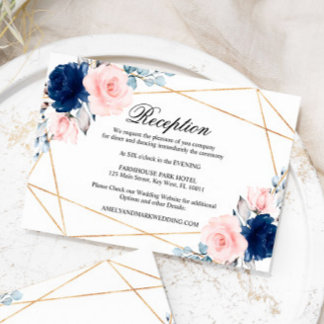 Blush Pink & Navy Blue Rose Wedding Reception Enclosure Card
