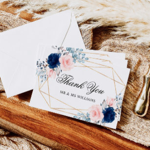 Blush Pink & Navy Blue Rose Wedding Thank You Card