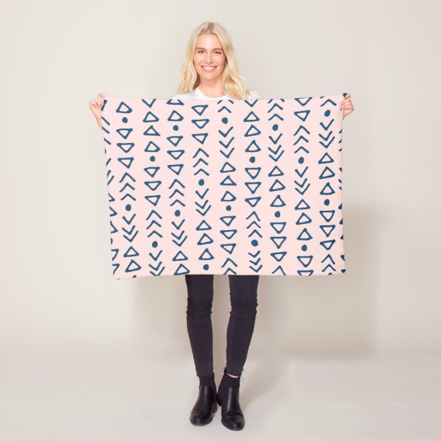 Blush Pink Navy Blue  Triangle Arrow Pattern Fleece Blanket (In Situ)
