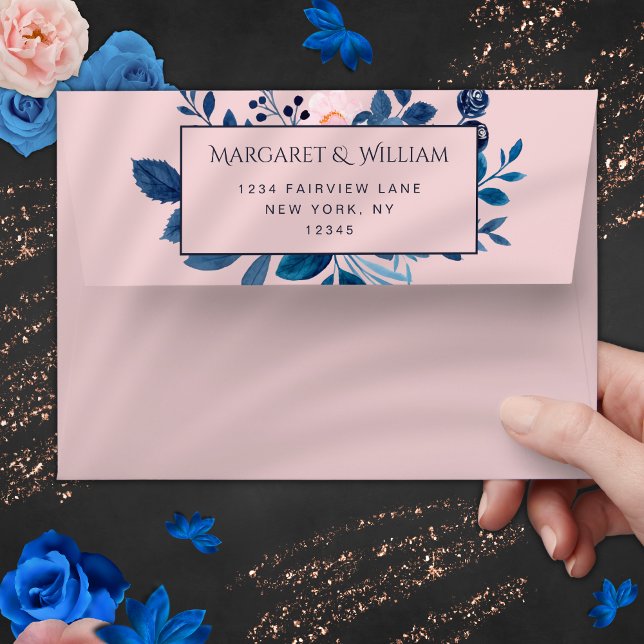 Blush Pink & Navy Blue Watercolor Floral Wedding Envelope (Creator Uploaded)
