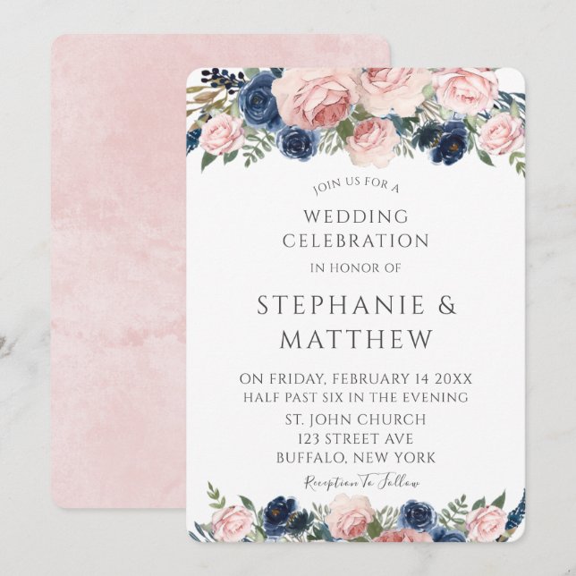 Blush Pink Navy Blue Watercolor Peony Wedding Invitation (Front/Back)